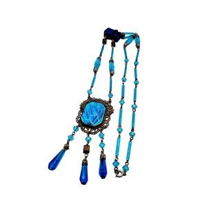 Antique Art Deco Czech Blue Foil Glass Filigree Brass Pendant Necklace (A2607)